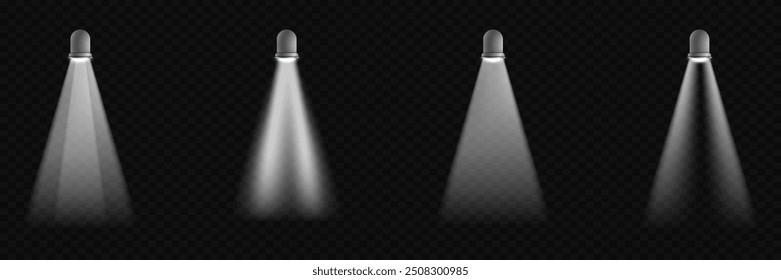 Set of glowing light effects with white rays. Stage spotlight, stage beam.  on a transparent background.