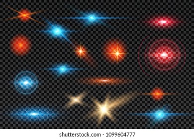 Set glowing light sparkles, glittering flashes and sparkling stars with lens flare effect on transparent background. Vector illustration