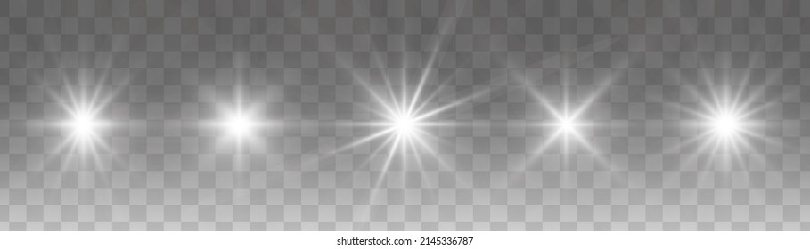 Conjunto de estrellas luminosas brillantes sobre un fondo transparente. Sol brillante transparente, explosiones de estrellas y destellos brillantes. Empieza la ilustración de luz blanca. 