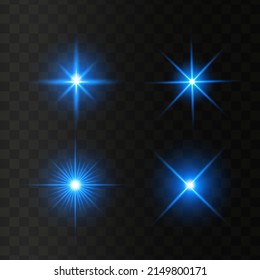 Set of glowing light stars on a transparent background. Transparent shining sun, star explodes and bright flash. Blue bright illustration starburst.