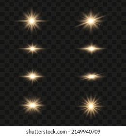 Set of glowing light stars on a transparent background. Transparent shining sun, star explodes and bright flash. Gold bright illustration starburst. 