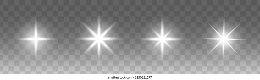 Set of glowing light stars on a transparent background. Transparent shining sun, star explodes and bright flash. White bright illustration starburst. 