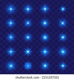 Conjunto de estrellas luminosas brillantes sobre un fondo transparente. Sol brillante transparente, explosiones de estrellas y destellos brillantes. Ilustración brillante azul. 