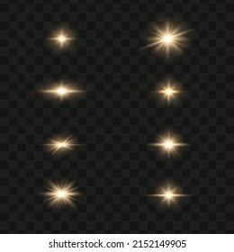 Set of glowing light stars on a transparent background. Transparent shining sun, star explodes and bright flash. Gold bright illustration starburst.