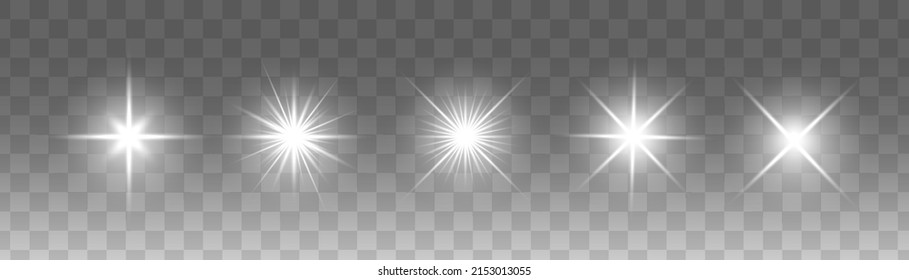 Set of glowing light stars on a transparent background. Transparent shining sun, star explodes and bright flash. White bright illustration starburst. 