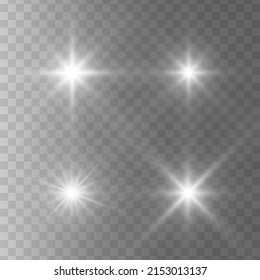Set of glowing light stars on a transparent background. Transparent shining sun, star explodes and bright flash. White bright illustration starburst. 