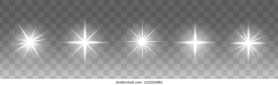 Conjunto de estrellas luminosas brillantes sobre un fondo transparente. Sol brillante transparente, explosiones de estrellas y destellos brillantes. Empieza la ilustración de luz blanca.