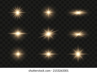 Set of glowing light stars on a transparent background. Transparent shining sun, star explodes and bright flash. Gold bright illustration starburst.