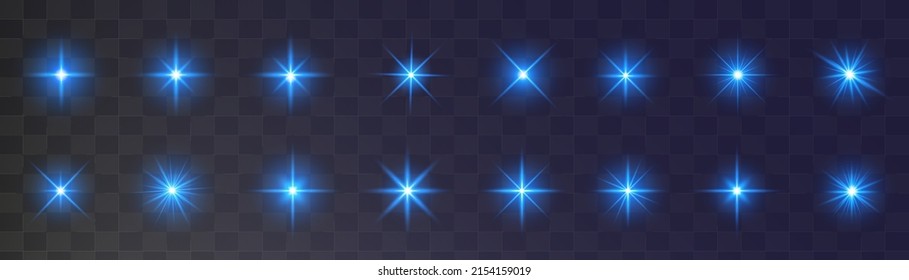 Set of glowing light stars on a transparent background. Transparent shining sun, star explodes and bright flash. Blue bright illustration starburst. 