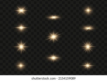 Set of glowing light stars on a transparent background. Transparent shining sun, star explodes and bright flash. Gold bright illustration starburst. 