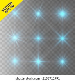 Set of glowing light stars on a transparent background. Transparent shining sun, star explodes and bright flash. Blue bright illustration starburst. 