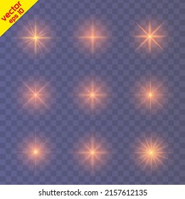 Set of glowing light stars on a transparent background. Transparent shining sun, star explodes and bright flash. Gold bright illustration starburst.