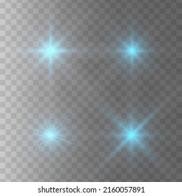 Set of glowing light stars on a transparent background. Transparent shining sun, star explodes and bright flash. Blue bright illustration starburst. 