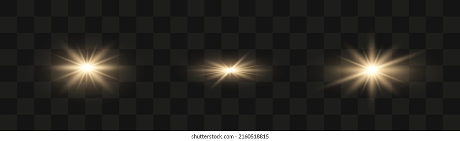 Set of glowing light stars on a transparent background. Transparent shining sun, star explodes and bright flash. Gold bright illustration starburst. 