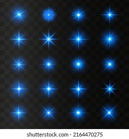 Set of glowing light stars on a transparent background. Transparent shining sun, star explodes and bright flash. Blue bright illustration starburst. 