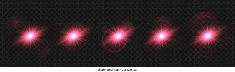 Set of glowing light stars on a transparent background. Transparent shining sun, star explodes and bright flash. Pink bright illustration starburst. 