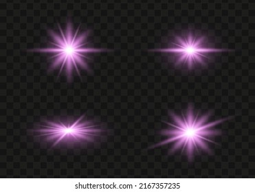 Set of glowing light stars on a transparent background. Transparent shining sun, star explodes and bright flash. Purpur bright illustration starburst. 