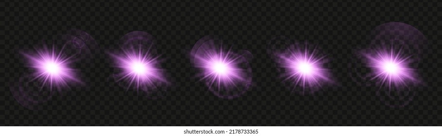 Set of glowing light stars on a transparent background. Transparent shining sun, star explodes and bright flash. Purpur bright illustration starburst. 