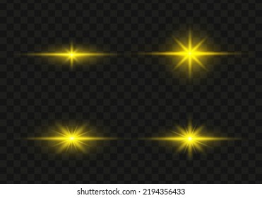 Set of glowing light stars on a transparent background. Transparent shining sun, star explodes and bright flash. Yellow bright illustration starburst. 