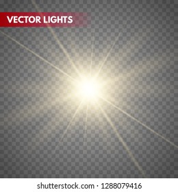 Set of Glowing Light Stars with Sparkles. Golden Light effect. 