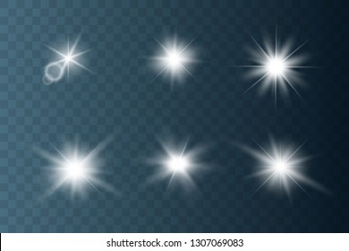 Set of Glowing Light Stars with Sparkles. Light effect. Vector Illustration. 
