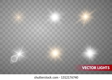 Set of Glowing Light Stars with Sparkles. Golden Light effect. Vector Illustration 