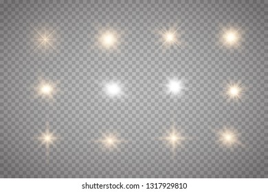 Set of Glowing Light Stars with Sparkles. Golden Light effect. Vector Illustration 