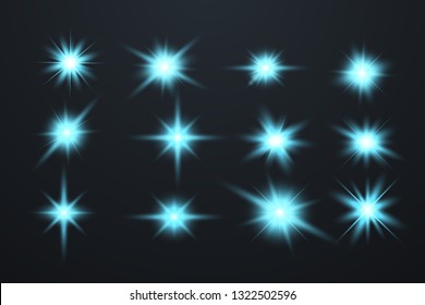 Set of Glowing Light Stars with Sparkles. Light effect. Vector Illustration.