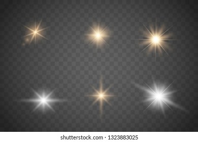 Set of Glowing Light Stars with Sparkles. Golden Light effect. Vector Illustration 