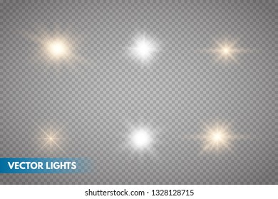 Set of Glowing Light Stars with Sparkles. Golden Light effect. Vector Illustration 