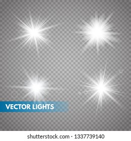 .Set of Glowing Light Stars with Sparkles. Light effect. Vector Illustration. 