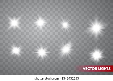 Set of Glowing Light Stars with Sparkles. Light effect. Vector Illustration. 