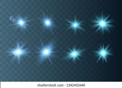 Set of Glowing Light Stars with Sparkles. Light effect. Vector Illustration. 