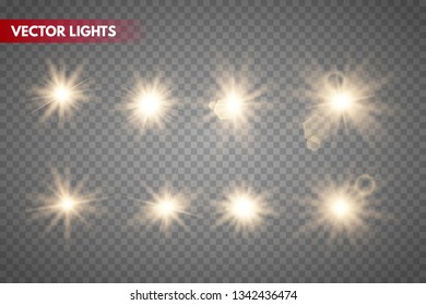Set of Glowing Light Stars with Sparkles. Golden Light effect. Vector Illustration
