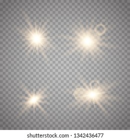 Set of Glowing Light Stars with Sparkles. Golden Light effect. Vector Illustration
