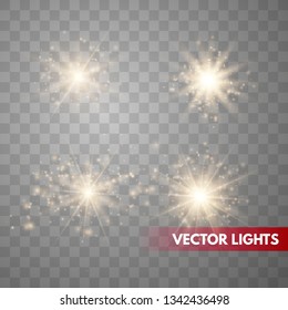 Set of Glowing Light Stars with Sparkles. Golden Light effect. Vector Illustration