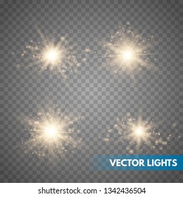 Set of Glowing Light Stars with Sparkles. Golden Light effect. Vector Illustration