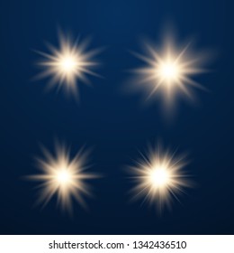 Set of Glowing Light Stars with Sparkles. Golden Light effect. Vector Illustration