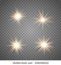 Set of Glowing Light Stars with Sparkles. Golden Light effect. Vector Illustration