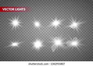 Set of Glowing Light Stars with Sparkles. Light effect. Vector Illustration. 