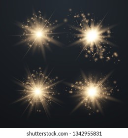 Set of Glowing Light Stars with Sparkles. Golden Light effect. Vector Illustration