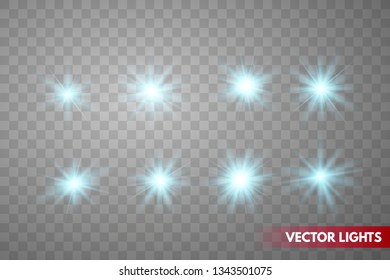Set of Glowing Light Stars with Sparkles. Light effect. Vector Illustration. 