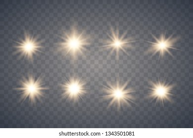 Set of Glowing Light Stars with Sparkles. Golden Light effect. Vector Illustration