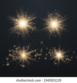 Set of Glowing Light Stars with Sparkles. Golden Light effect. Vector Illustration