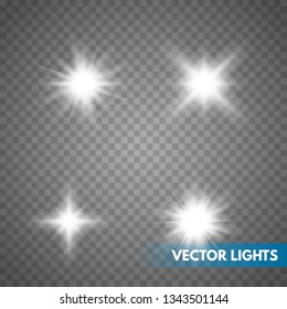 Set of Glowing Light Stars with Sparkles. Light effect. Vector Illustration. 