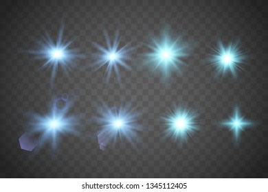 Set of Glowing Light Stars with Sparkles. Light effect. Vector Illustration. 