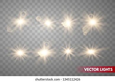 Set of Glowing Light Stars with Sparkles. Golden Light effect. Vector Illustration