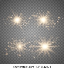 Set of Glowing Light Stars with Sparkles. Golden Light effect. Vector Illustration