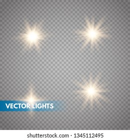 Set of Glowing Light Stars with Sparkles. Golden Light effect. Vector Illustration