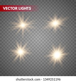 Set of Glowing Light Stars with Sparkles. Golden Light effect. Vector Illustration
